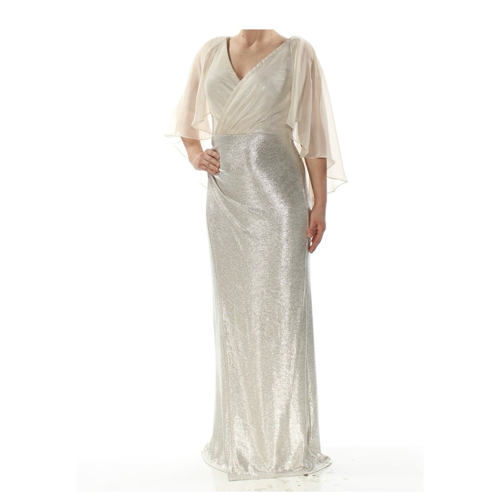 Lauren Ralph Lauren Silver Metallic Skirt with Ivory Draped Bodice Gown